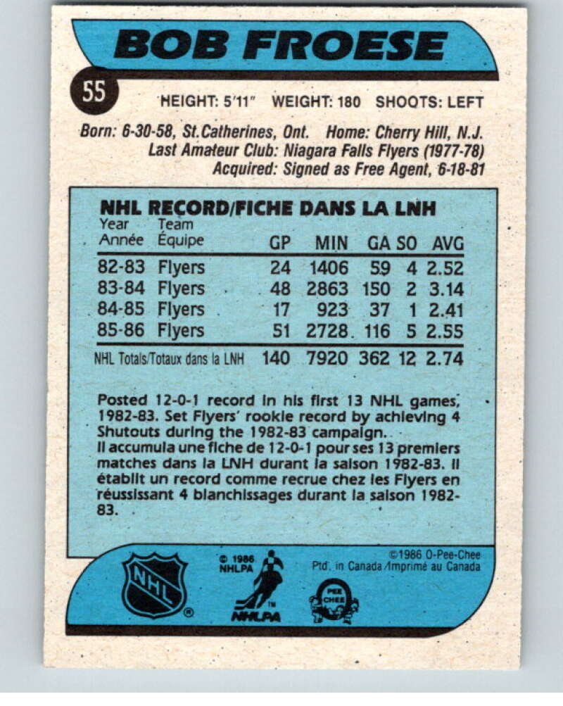 1986-87 O-Pee-Chee #55 Bob Froese  Philadelphia Flyers  V63299 Image 2