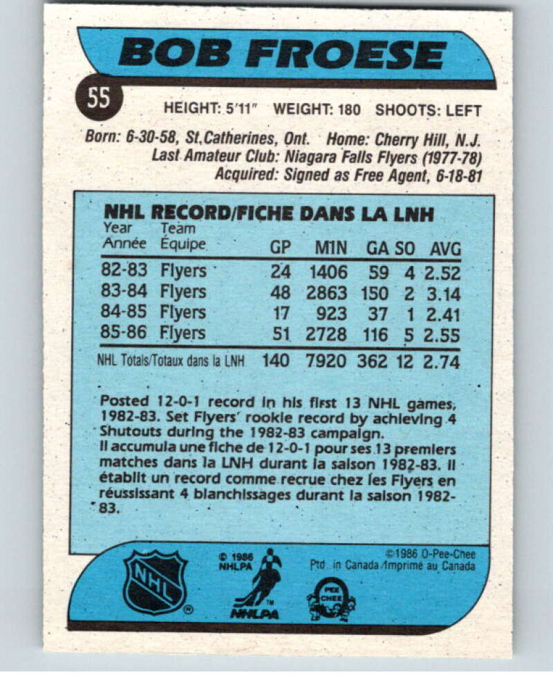1986-87 O-Pee-Chee #55 Bob Froese Philadelphia Flyers V63300 Image 2