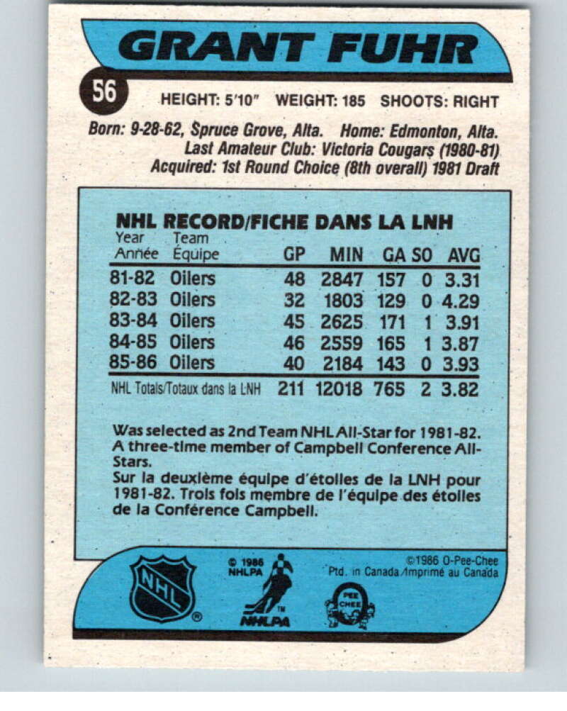 1986-87 O-Pee-Chee #56 Grant Fuhr  Edmonton Oilers  V63302 Image 2