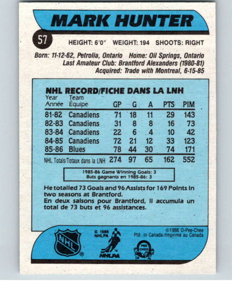 1986-87 O-Pee-Chee #57 Mark Hunter St. Louis Blues V63303 Image 2