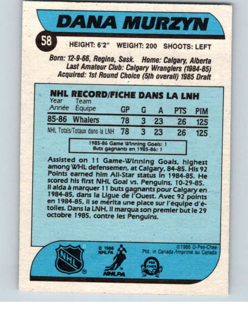 1986-87 O-Pee-Chee #58 Dana Murzyn RC Rookie Hartford Whalers V63304 Image 2