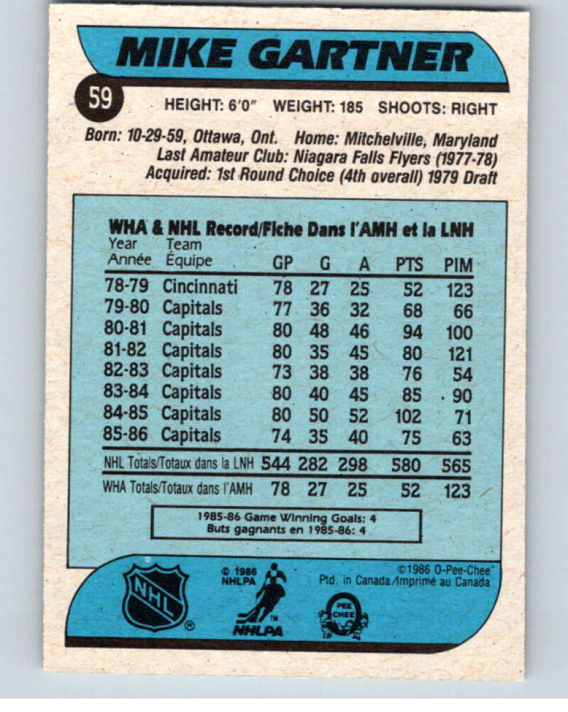 1986-87 O-Pee-Chee #59 Mike Gartner  Washington Capitals  V63305 Image 2
