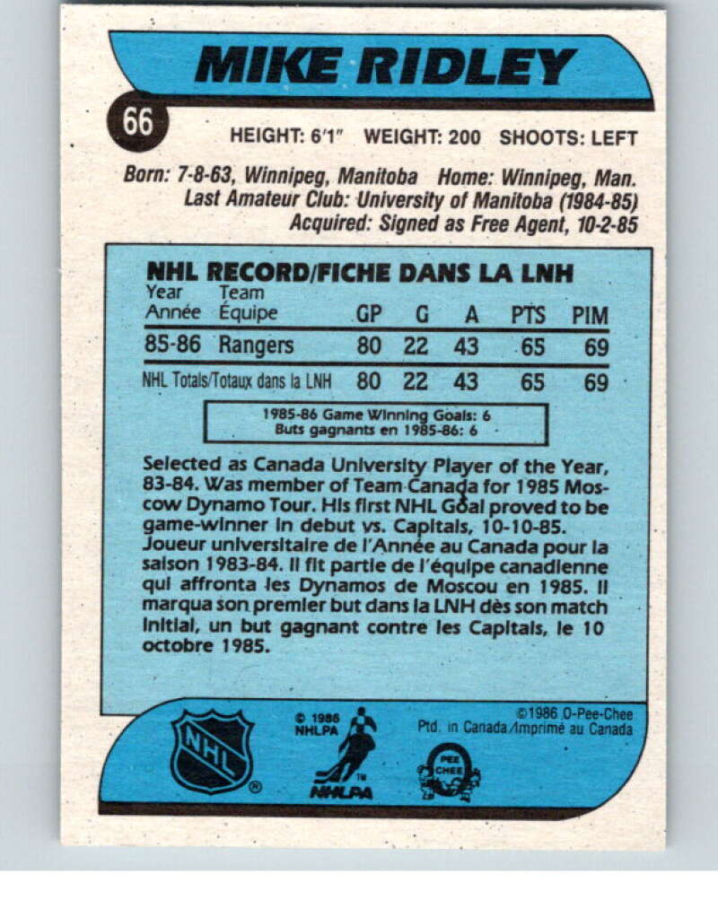 1986-87 O-Pee-Chee #66 Mike Ridley RC Rookie New York Rangers V63321 Image 2