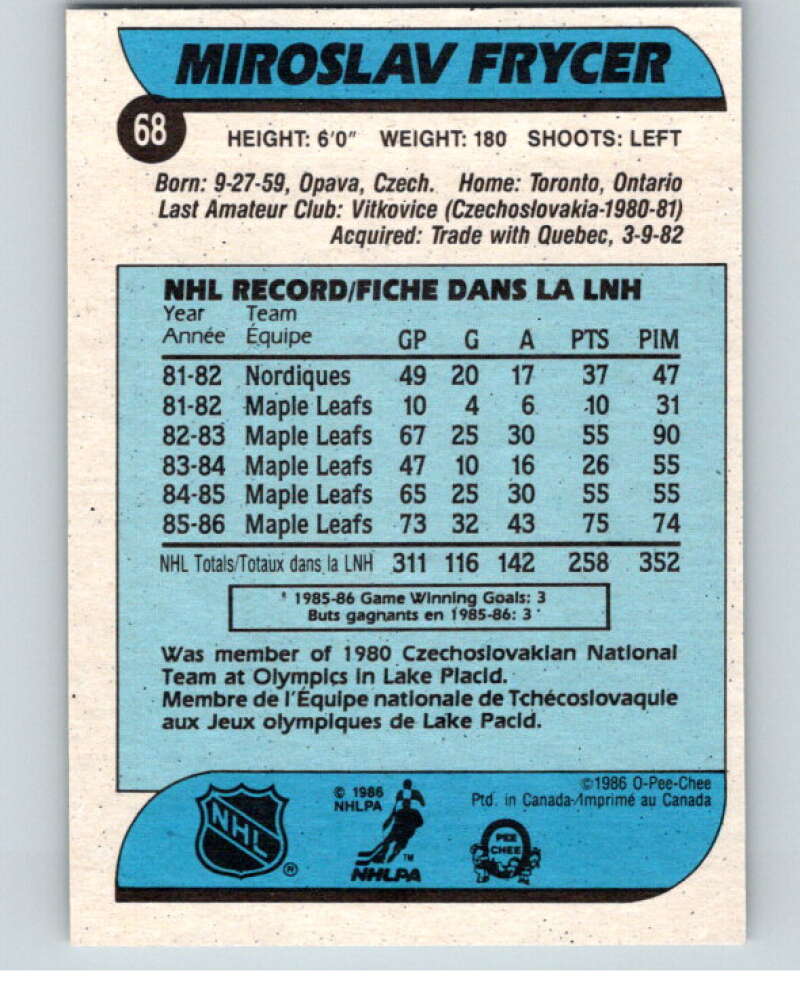 1986-87 O-Pee-Chee #68 Miroslav Frycer  Toronto Maple Leafs  V63324 Image 2