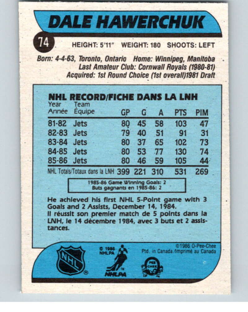 1986-87 O-Pee-Chee #74 Dale Hawerchuk Winnipeg Jets V63344 Image 2