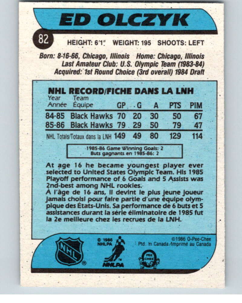 1986-87 O-Pee-Chee #82 Ed Olczyk Chicago Blackhawks V63359 Image 2