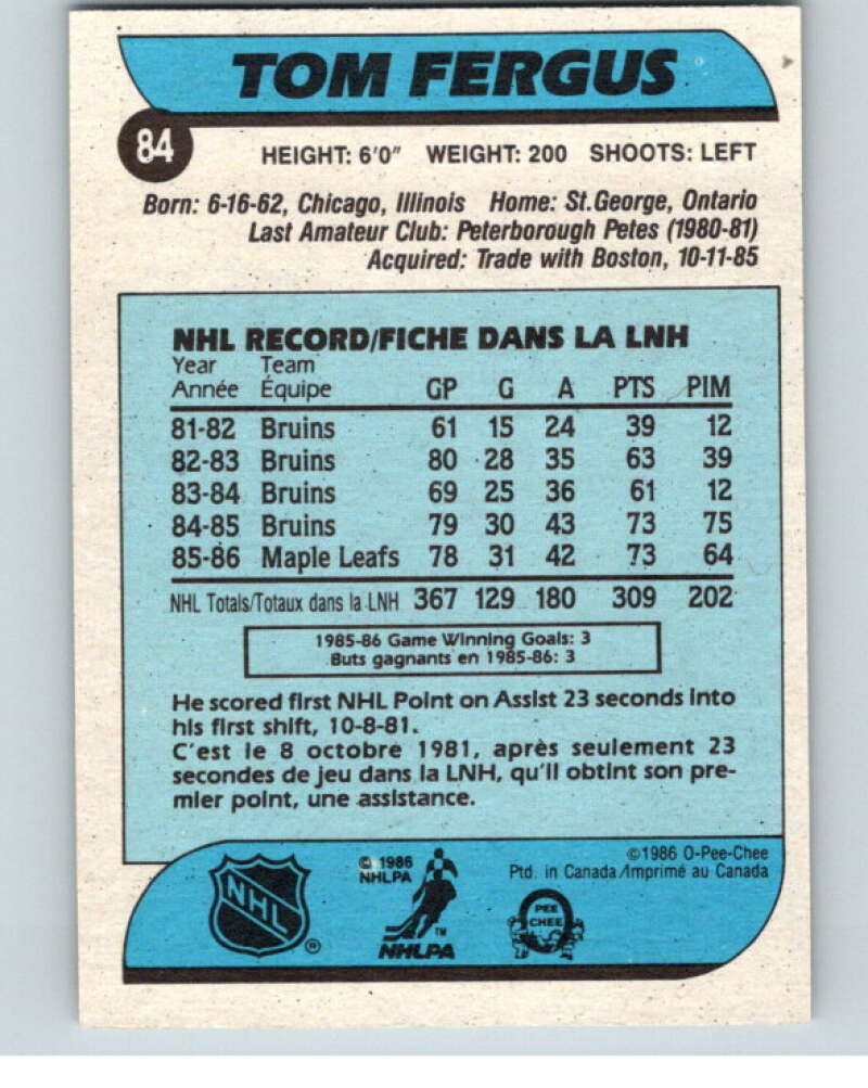 1986-87 O-Pee-Chee #84 Tom Fergus Toronto Maple Leafs V63363 Image 2