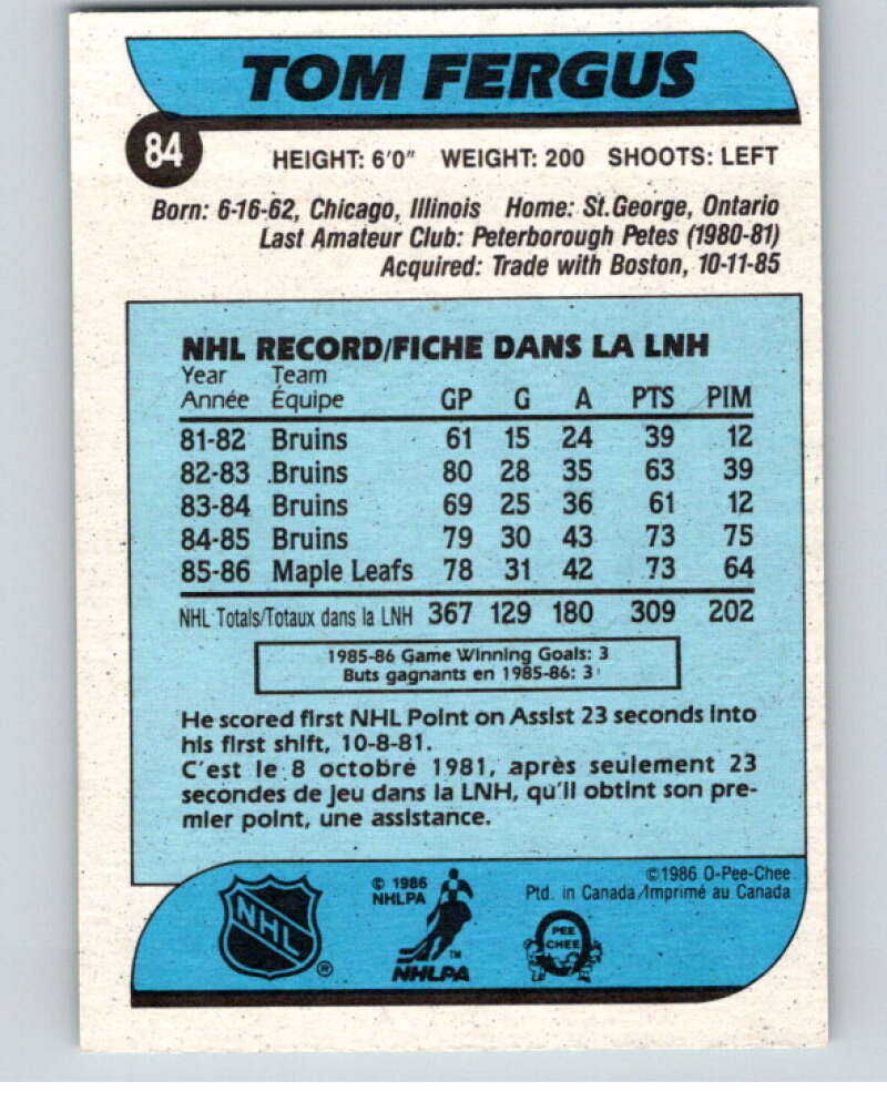 1986-87 O-Pee-Chee #84 Tom Fergus Toronto Maple Leafs V63364 Image 2