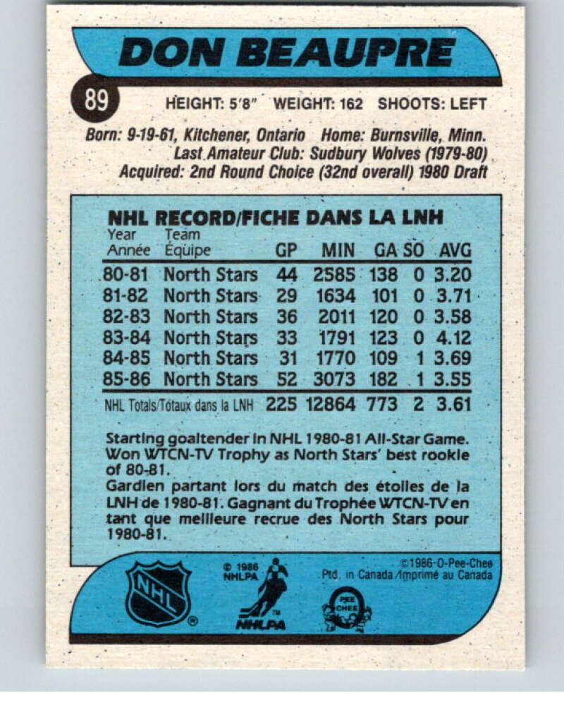 1986-87 O-Pee-Chee #89 Don Beaupre Minnesota North Stars V63377 Image 2