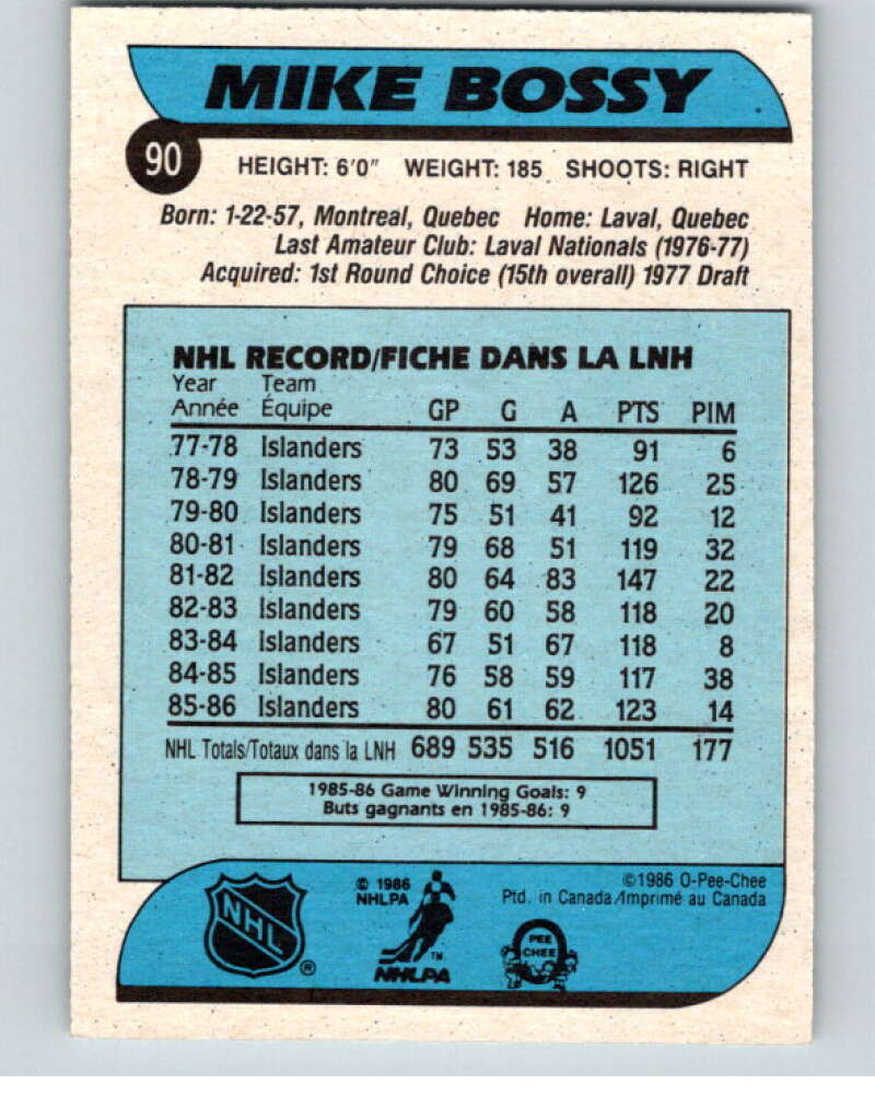 1986-87 O-Pee-Chee #90 Mike Bossy  New York Islanders  V63380 Image 2