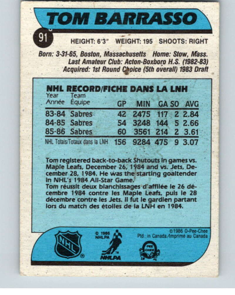 1986-87 O-Pee-Chee #91 Tom Barrasso Buffalo Sabres V63384 Image 2