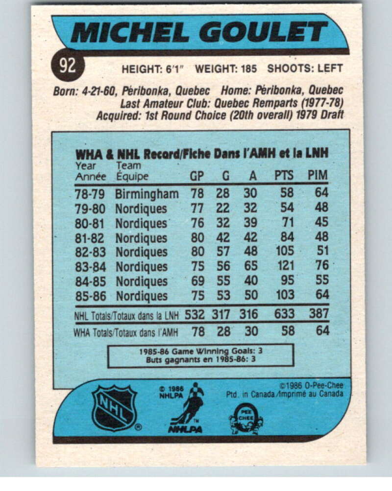 1986-87 O-Pee-Chee #92 Michel Goulet Quebec Nordiques V63386 Image 2