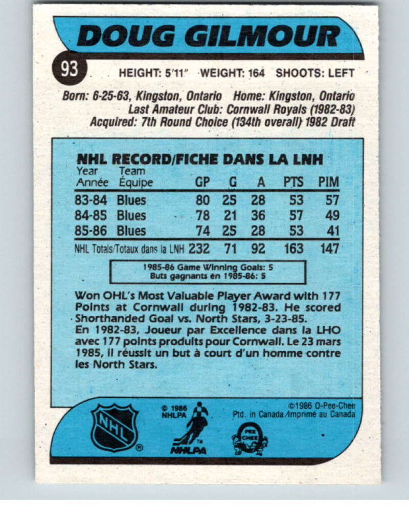 1986-87 O-Pee-Chee #93 Doug Gilmour St. Louis Blues V63387 Image 2