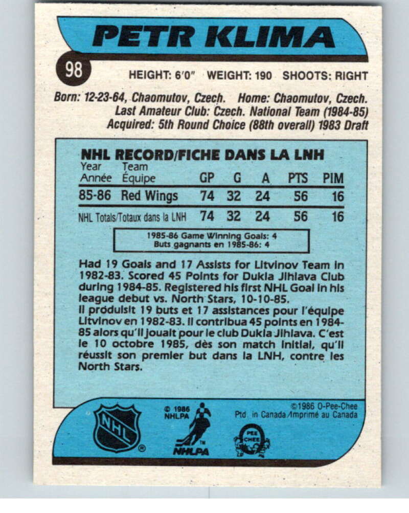 1986-87 O-Pee-Chee #98 Petr Klima RC Rookie Detroit Red Wings V63396 Image 2