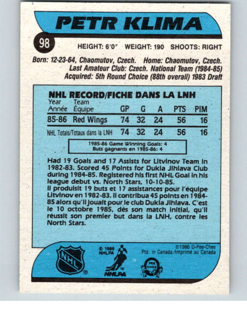 1986-87 O-Pee-Chee #98 Petr Klima RC Rookie Detroit Red Wings V63397 Image 2