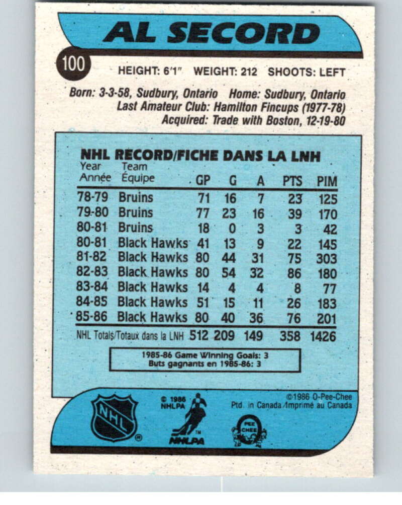 1986-87 O-Pee-Chee #100 Al Secord Chicago Blackhawks V63403 Image 2