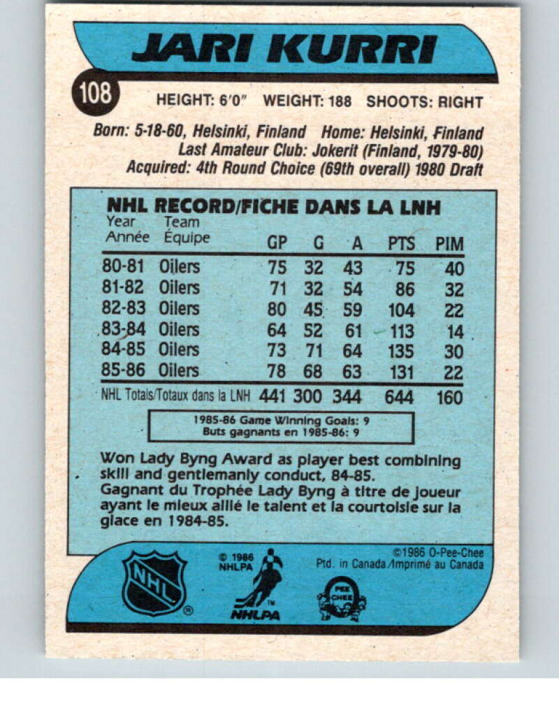 1986-87 O-Pee-Chee #108 Jari Kurri Edmonton Oilers V63430 Image 2
