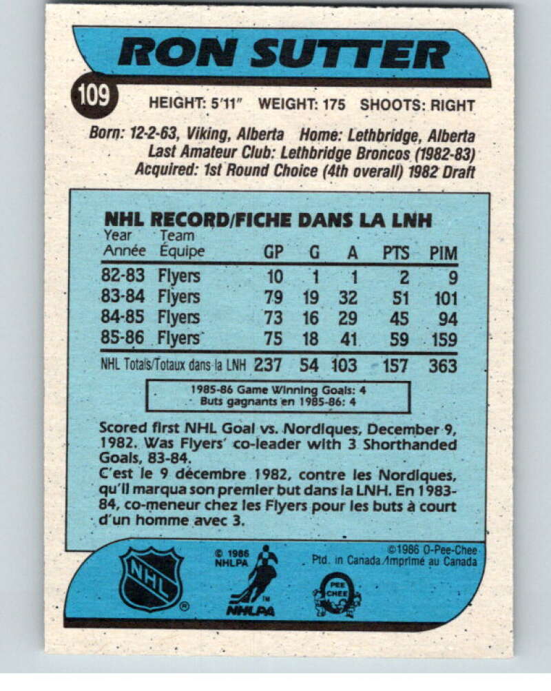 1986-87 O-Pee-Chee #109 Ron Sutter Philadelphia Flyers V63432 Image 2