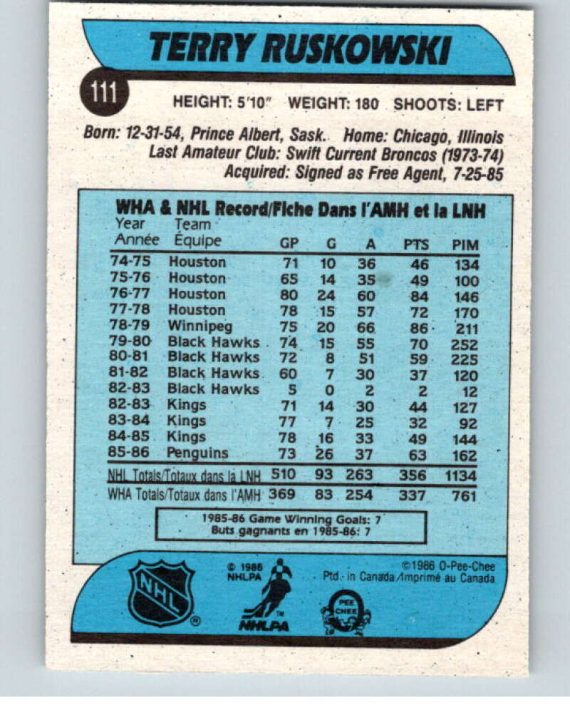 1986-87 O-Pee-Chee #111 Terry Ruskowski Pittsburgh Penguins V63438 Image 2