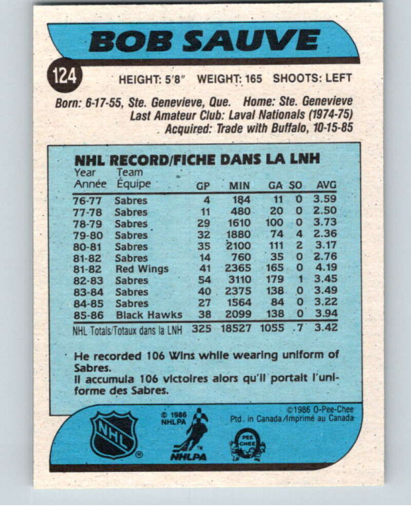 1986-87 O-Pee-Chee #124 Bob Sauve Chicago Blackhawks V63460 Image 2