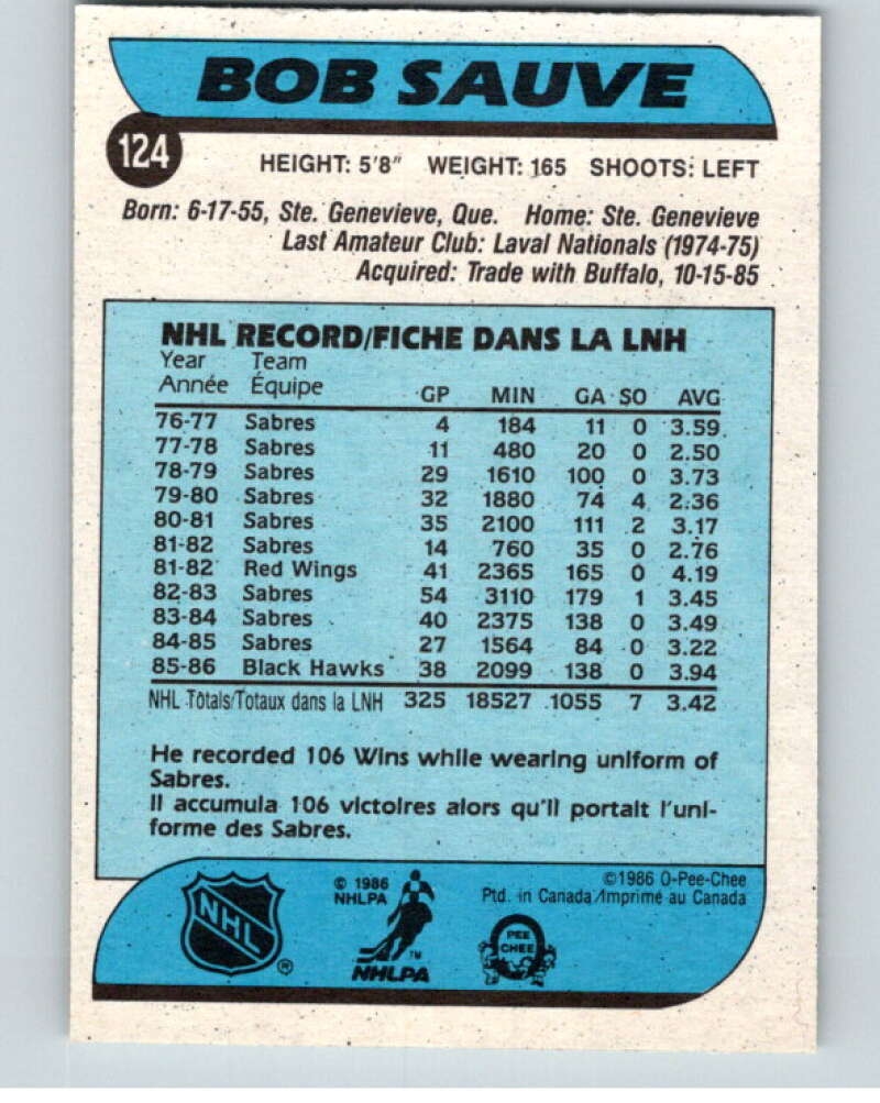 1986-87 O-Pee-Chee #124 Bob Sauve Chicago Blackhawks V63461 Image 2