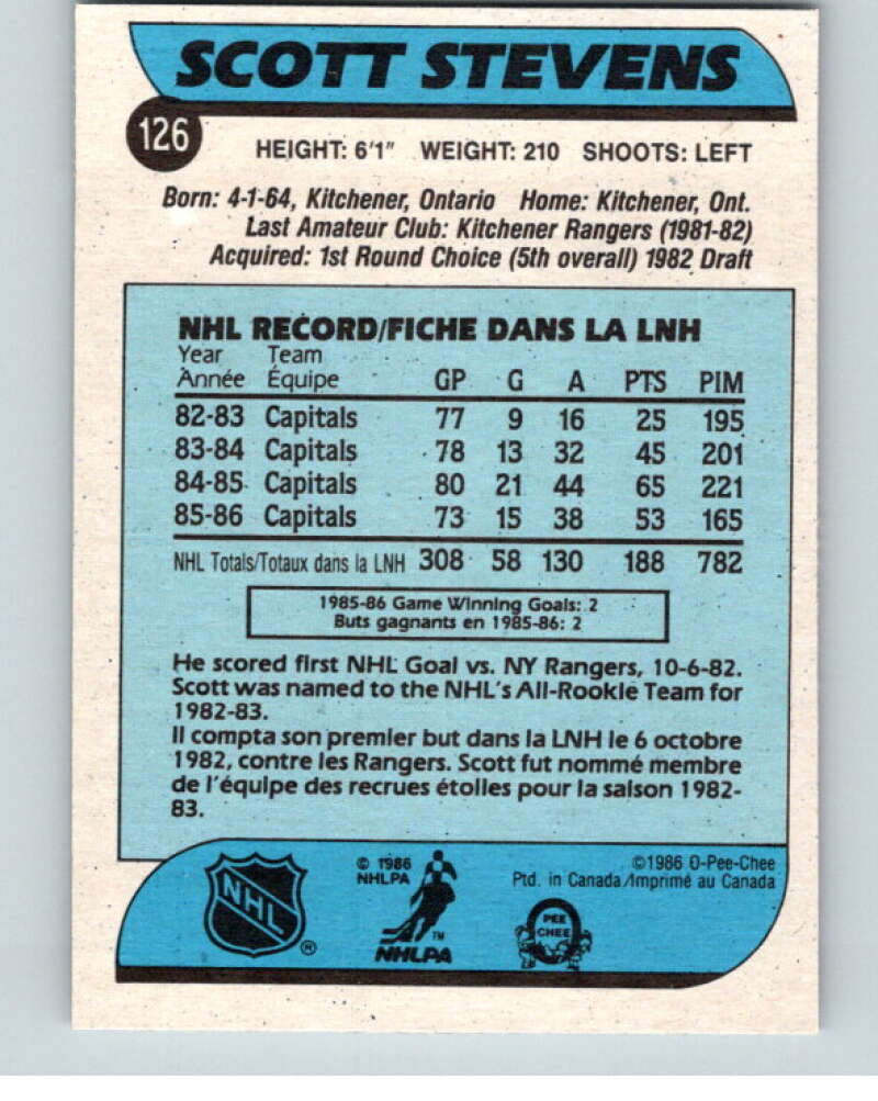 1986-87 O-Pee-Chee #126 Scott Stevens Washington Capitals V63465 Image 2