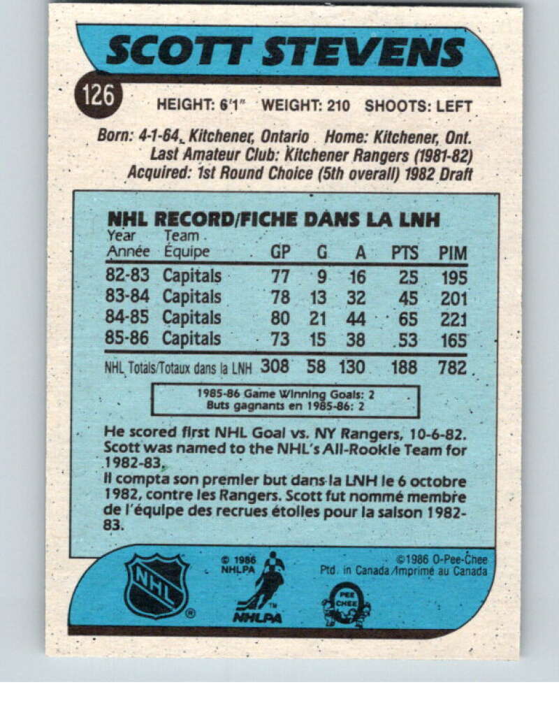 1986-87 O-Pee-Chee #126 Scott Stevens Washington Capitals V63466 Image 2