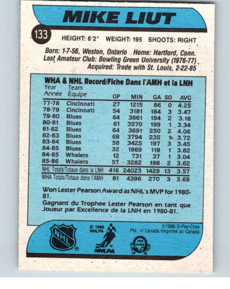1986-87 O-Pee-Chee #133 Mike Liut Hartford Whalers V63486 Image 2
