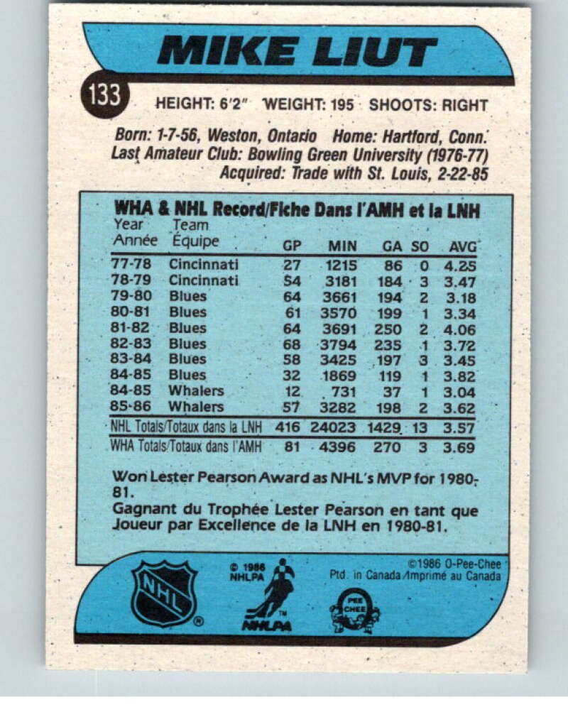1986-87 O-Pee-Chee #133 Mike Liut Hartford Whalers V63487 Image 2
