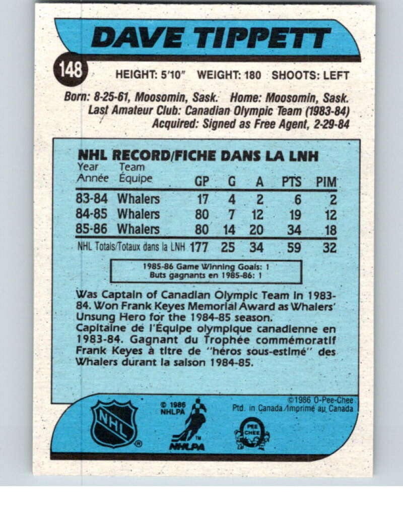 1986-87 O-Pee-Chee #148 Dave Tippett RC Rookie Hartford Whalers V63518 Image 2