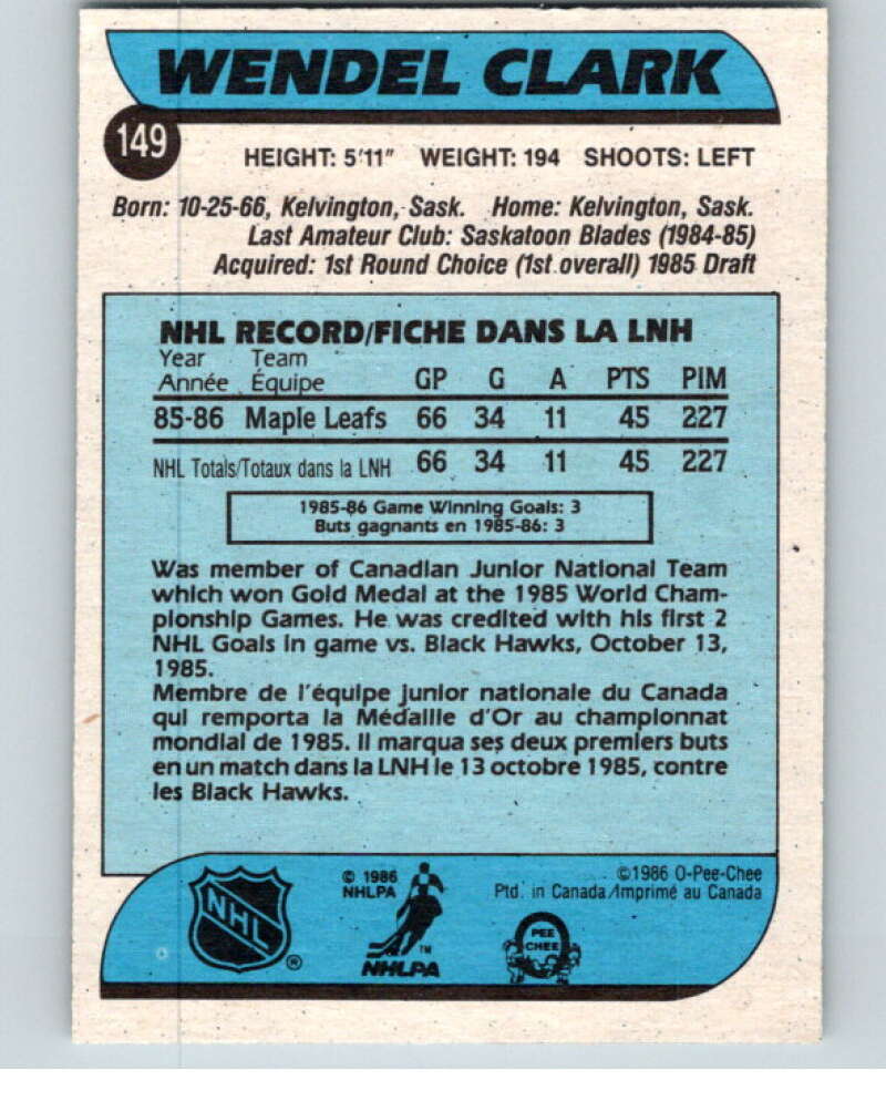 1986-87 O-Pee-Chee #149 Wendel Clark RC Rookie Toronto Maple Leafs V63519 Image 2