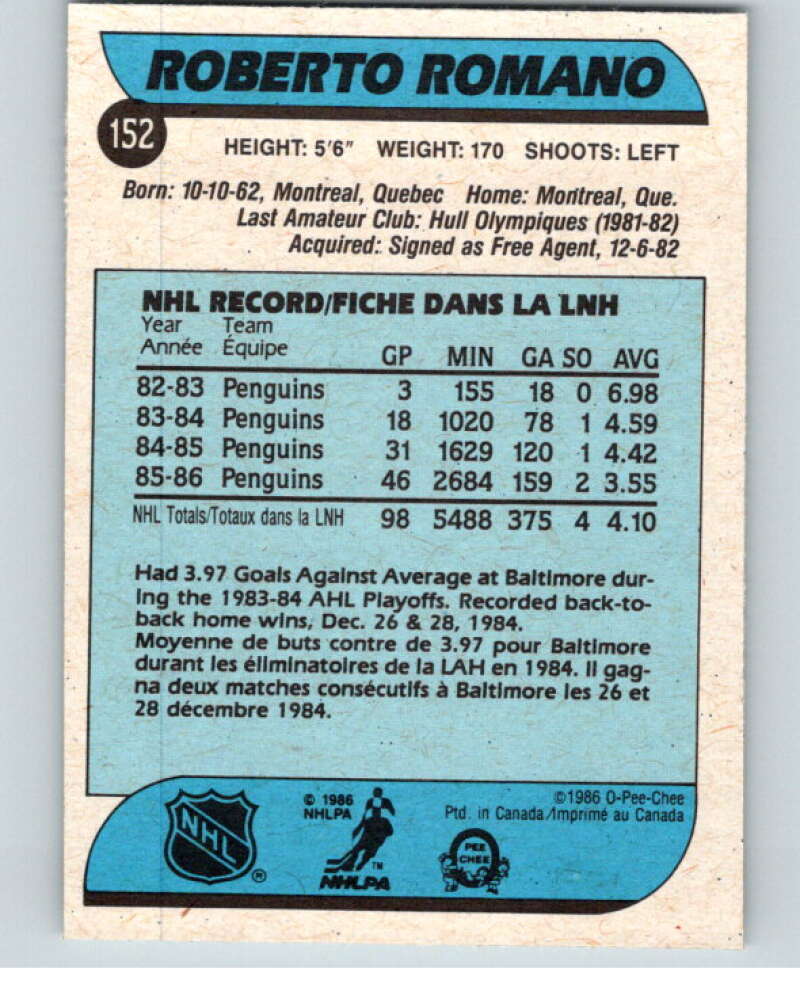 1986-87 O-Pee-Chee #152 Roberto Romano RC Rookie Penguins V63526 Image 2