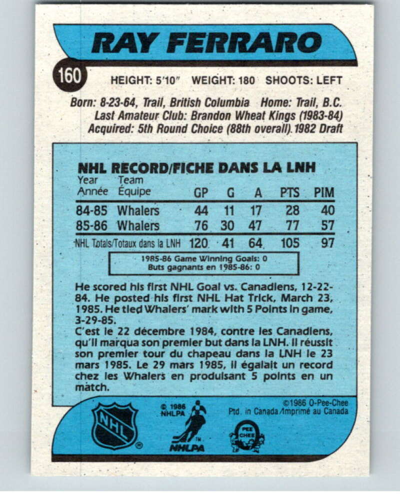 1986-87 O-Pee-Chee #160 Ray Ferraro RC Rookie Hartford Whalers V63540 Image 2
