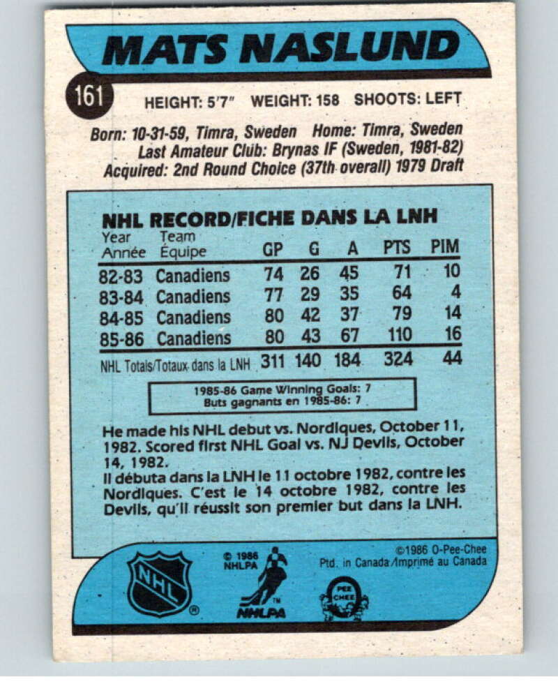 1986-87 O-Pee-Chee #161 Mats Naslund Montreal Canadiens V63541 Image 2