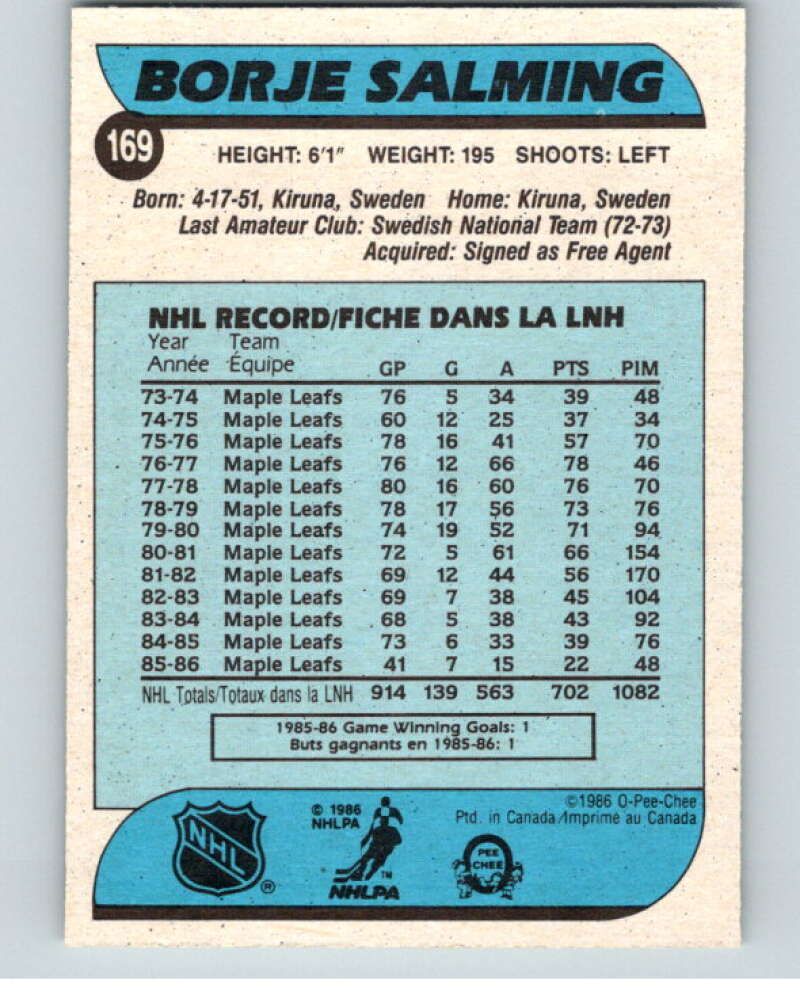 1986-87 O-Pee-Chee #169 Borje Salming Toronto Maple Leafs V63557 Image 2