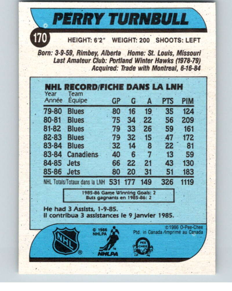 1986-87 O-Pee-Chee #170 Perry Turnbull Winnipeg Jets V63559 Image 2