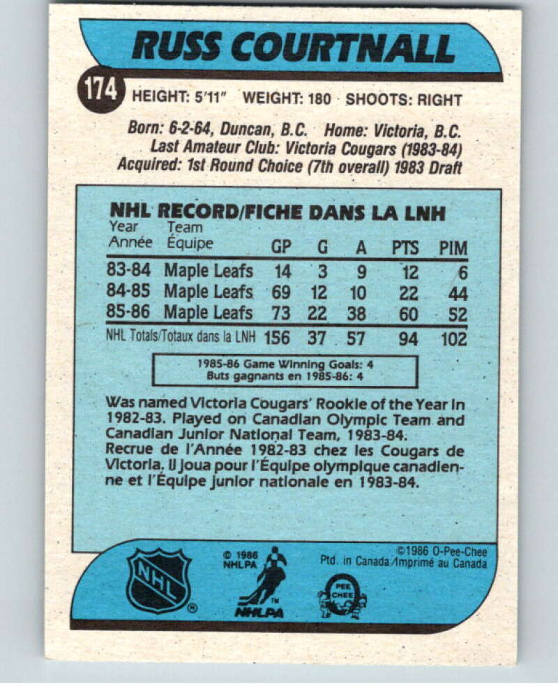 1986-87 O-Pee-Chee #174 Russ Courtnall RC Rookie Maple Leafs V63563 Image 2