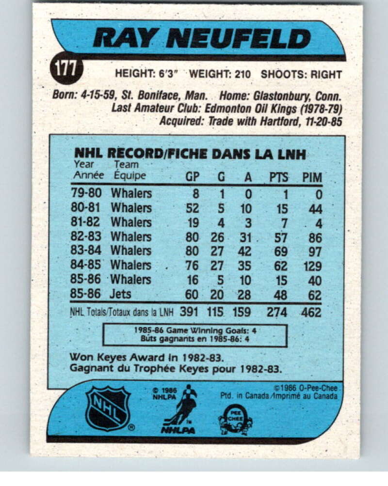 1986-87 O-Pee-Chee #177 Ray Neufeld Winnipeg Jets V63566 Image 2