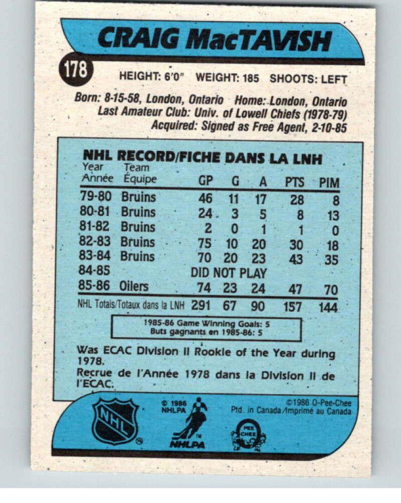 1986-87 O-Pee-Chee #178 Craig MacTavish RC Rookie Edmonton Oilers V63567 Image 2