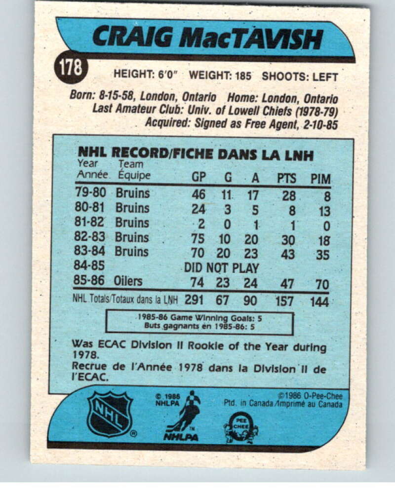 1986-87 O-Pee-Chee #178 Craig MacTavish RC Rookie Edmonton Oilers V63568 Image 2