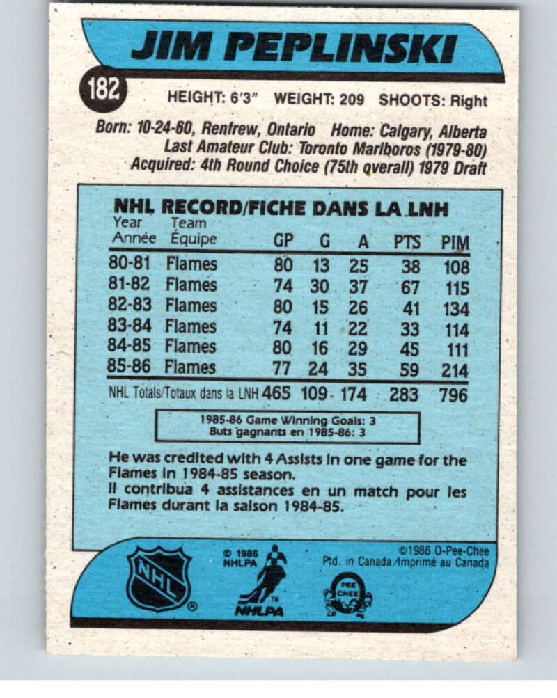 1986-87 O-Pee-Chee #182 Jim Peplinski Calgary Flames V63574 Image 2