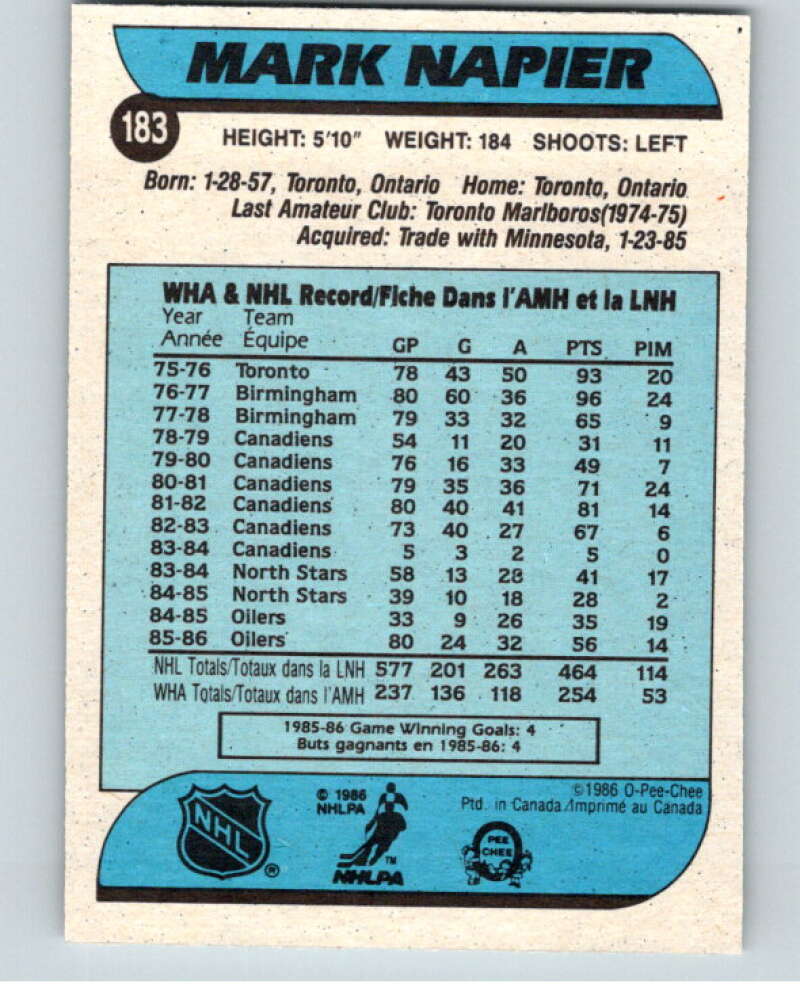 1986-87 O-Pee-Chee #183 Mark Napier Edmonton Oilers V63581 Image 2