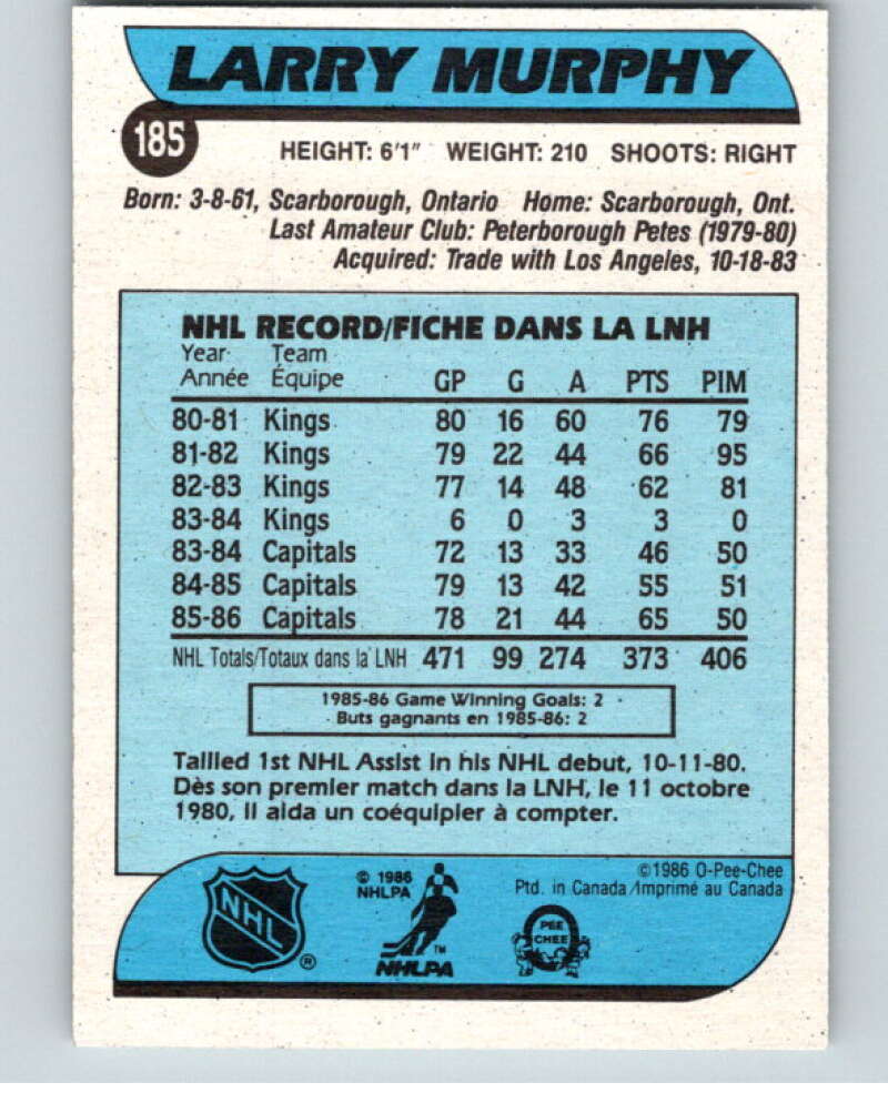 1986-87 O-Pee-Chee #185 Larry Murphy Washington Capitals V63585 Image 2