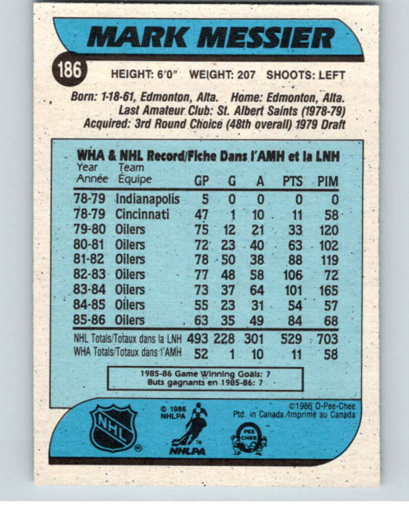 1986-87 O-Pee-Chee #186 Mark Messier Edmonton Oilers V63587 Image 2