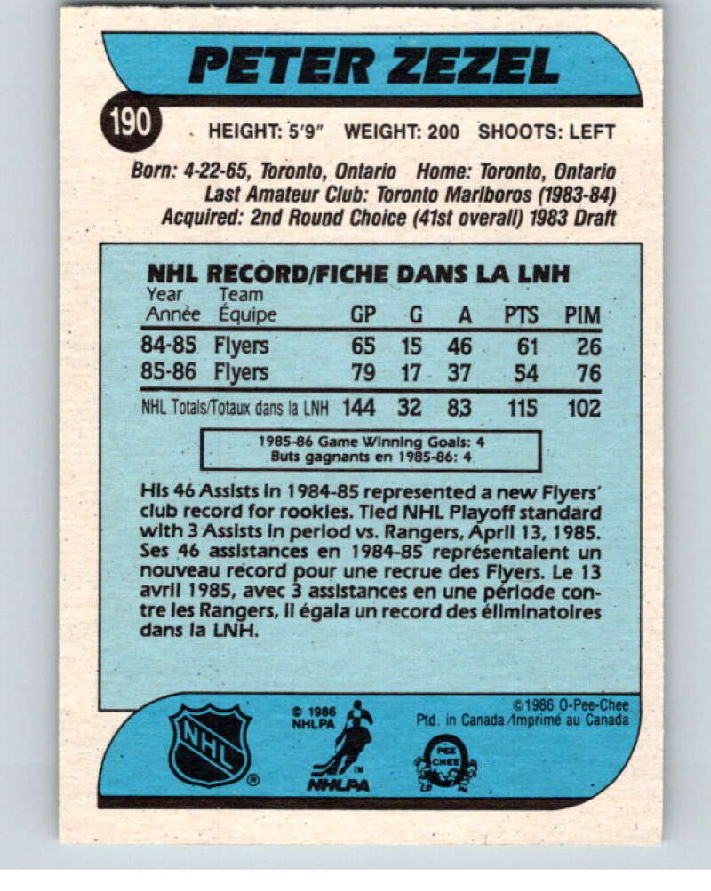 1986-87 O-Pee-Chee #190 Peter Zezel Philadelphia Flyers V63592 Image 2