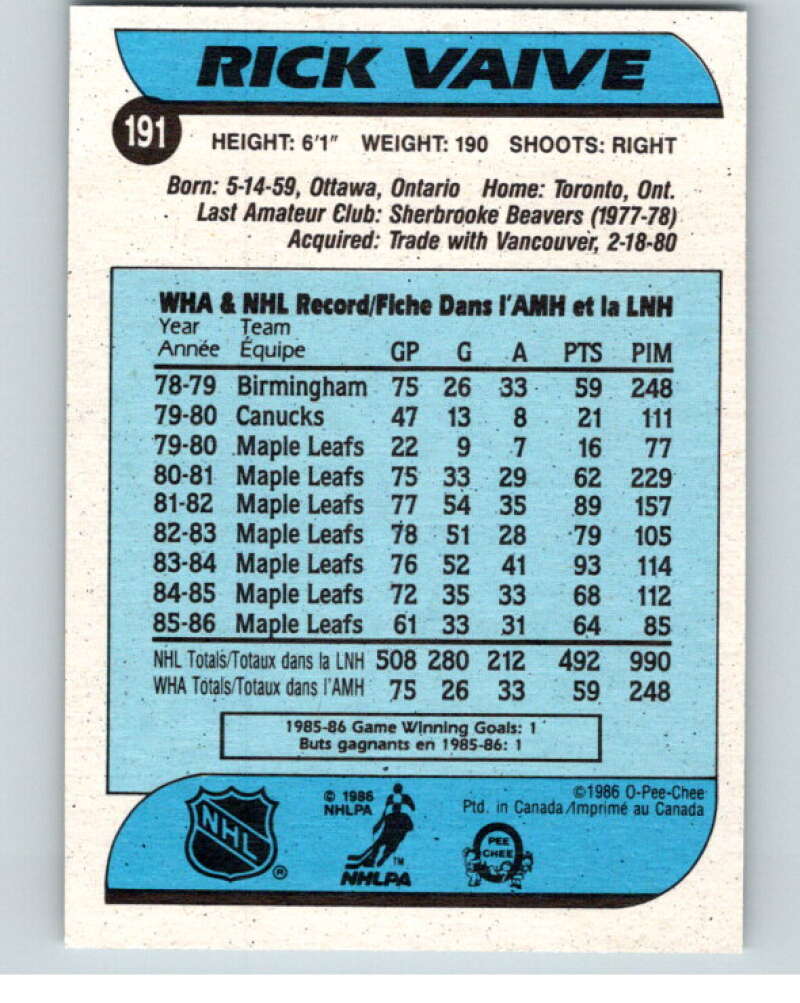 1986-87 O-Pee-Chee #191 Rick Vaive Toronto Maple Leafs V63594 Image 2