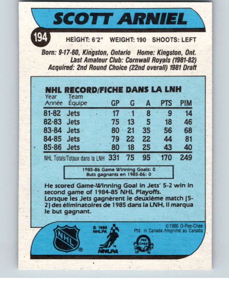1986-87 O-Pee-Chee #194 Scott Arniel Buffalo Sabres V63603 Image 2