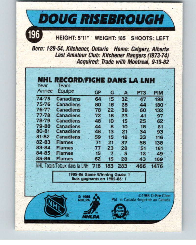 1986-87 O-Pee-Chee #196 Doug Risebrough Calgary Flames V63606 Image 2