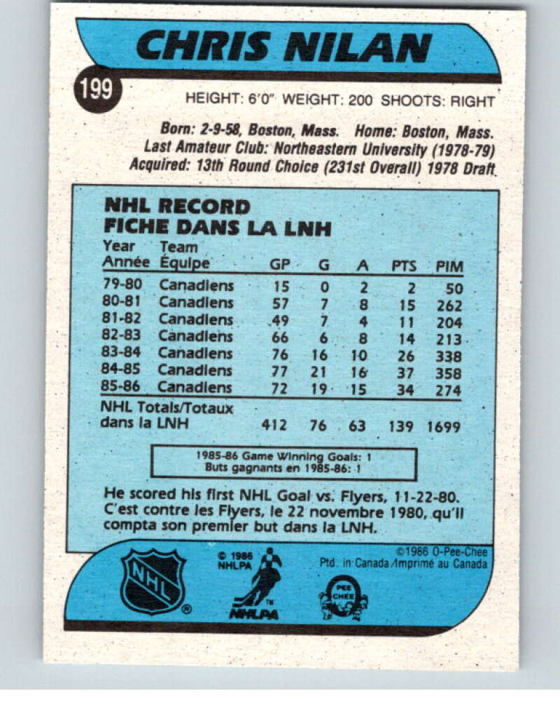 1986-87 O-Pee-Chee #199 Chris Nilan Montreal Canadiens V63609 Image 2