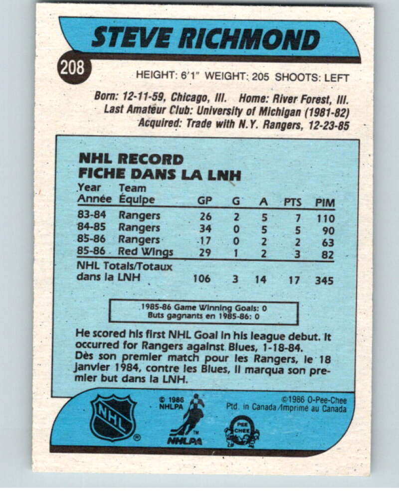 1986-87 O-Pee-Chee #208 Steve Richmond RC Rookie New Jersey Devils V63622 Image 2